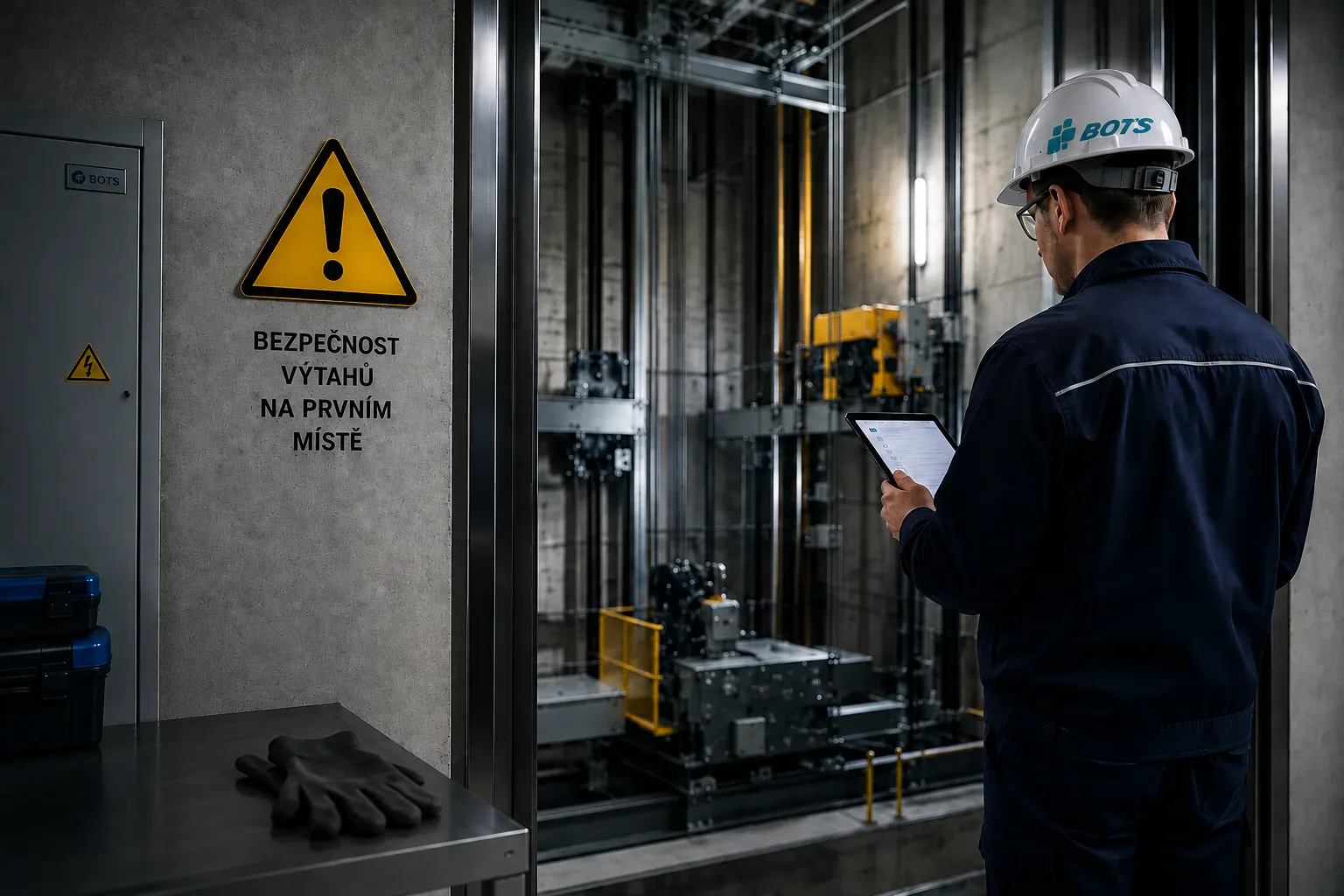 Technik BOTS s tabletem u otevřené výtahové šachty, vedle výstražná značka a nápis „Bezpečnost výtahů na prvním místě“